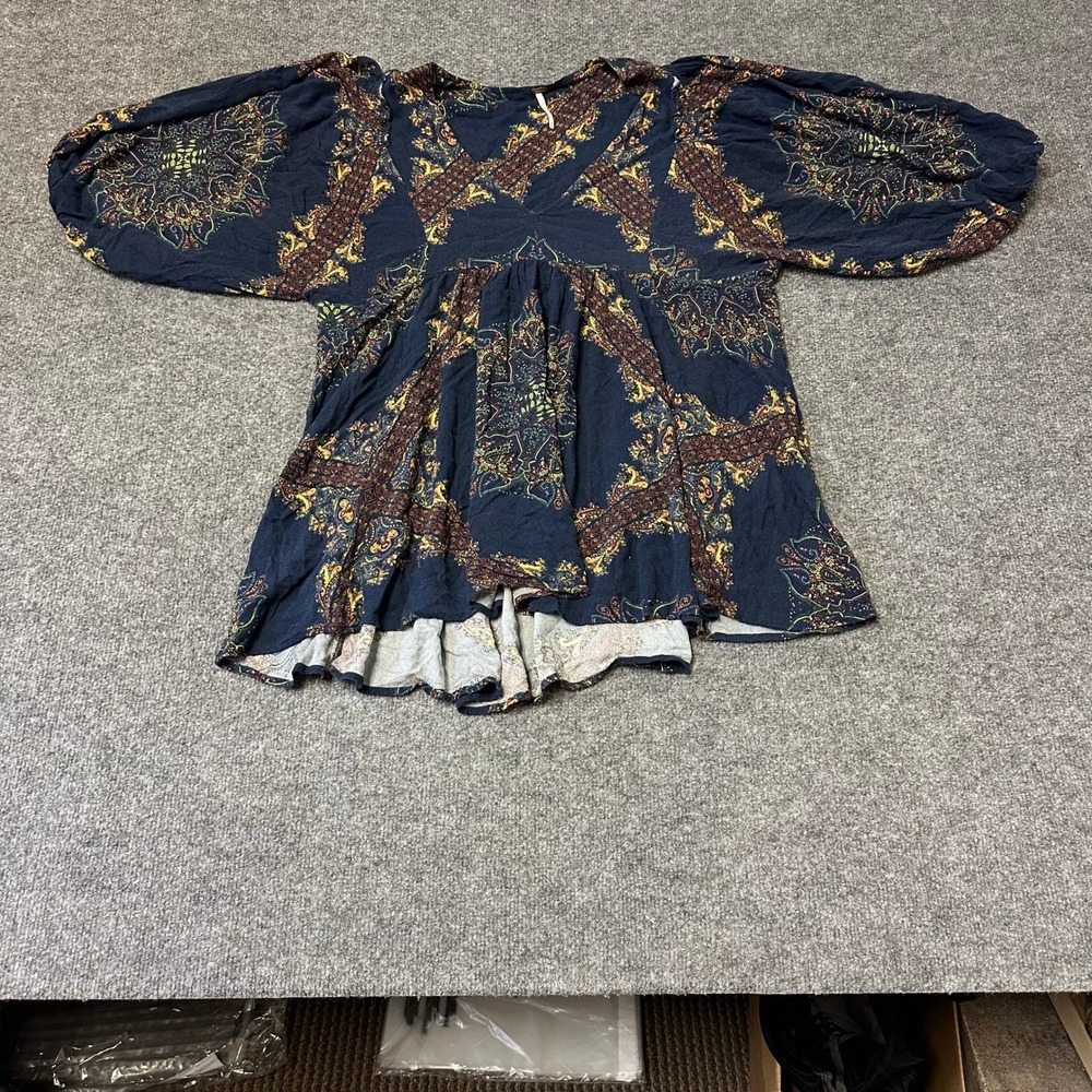 Free People Tunic Womens Size M Navy Blue Paisley Boho Puff Sleeve Babydoll Top